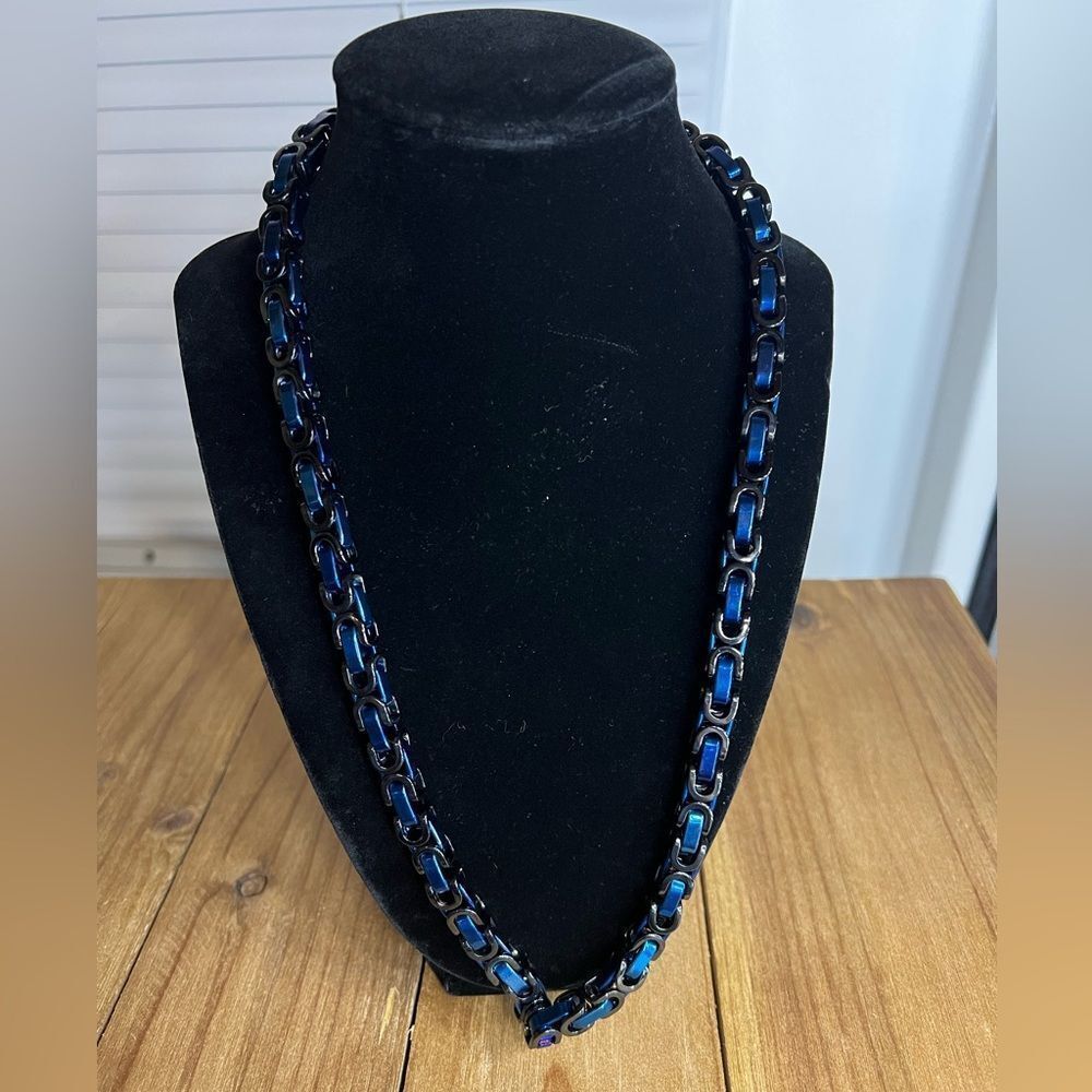 Steel Hematite and Blue Byzantine Chain Necklace